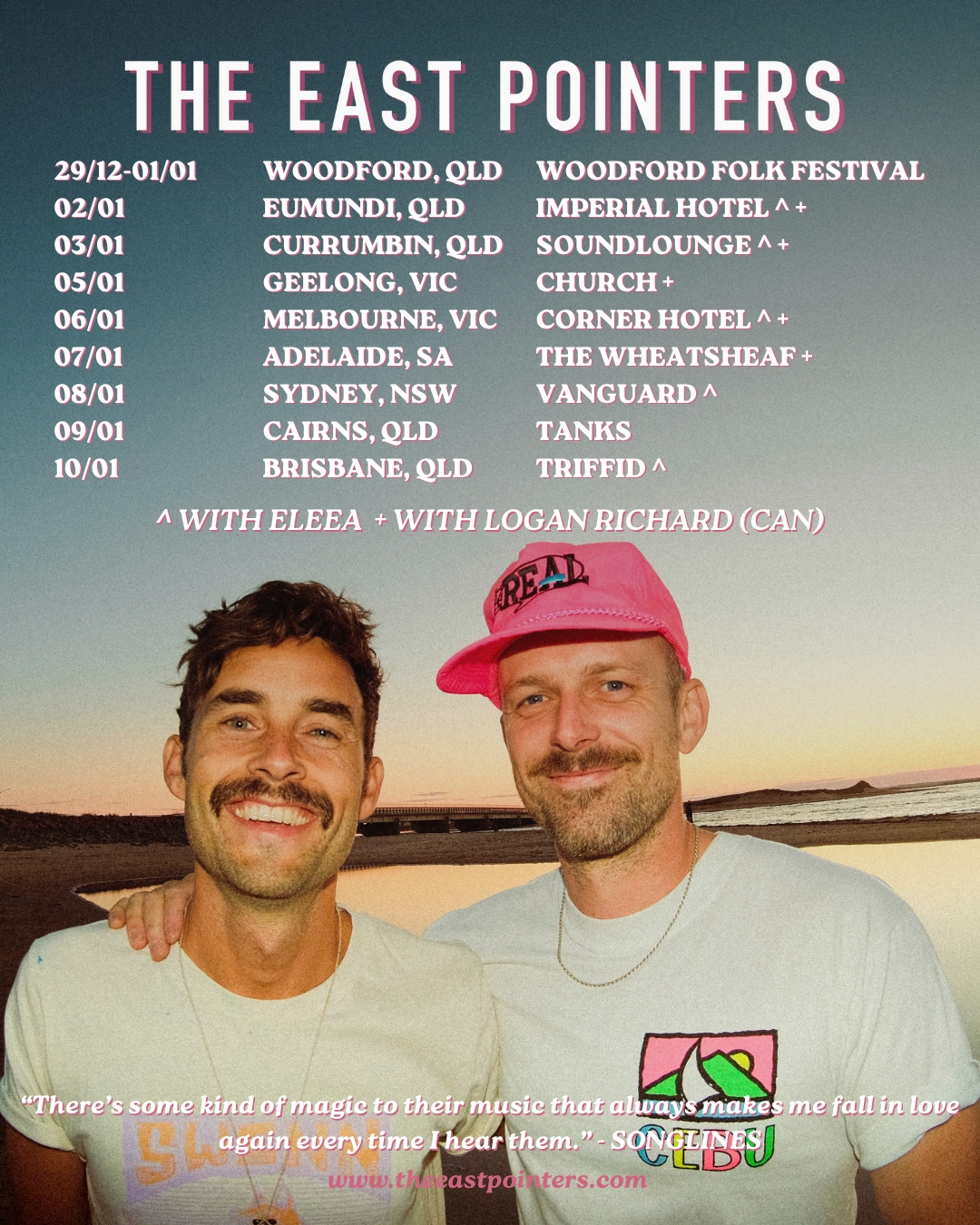 Tour poster for Canadian folk group The East Pointers listing Australian concert dates and locations.